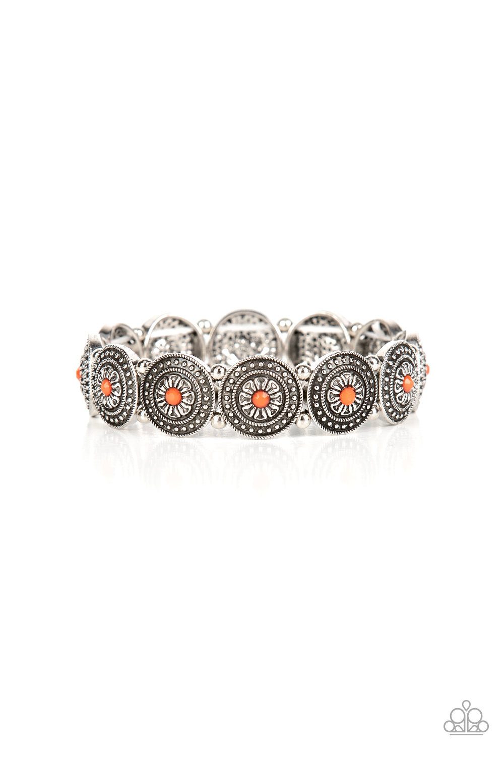 Dotted with faceted orange beaded centers, a studded collection of floral silver frames alternate with dainty silver beads along stretchy bands around the wrist for a whimsical pop of color. 