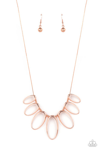 Separated by trios of dainty shiny copper beads, shiny silver ovals gradually increase in size as they glide along a dainty and flat shiny copper chain below the collar, resulting in an airy fringe. Features an adjustable clasp closure.