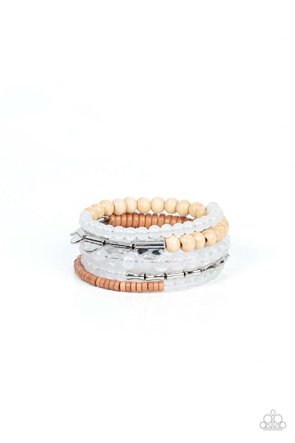 Mismatched sections of glassy and opaque white beads join silver discs, brown wooden beads, and brown disc-like beads along a coiled wire, creating an earthy infinity wrap bracelet around the wrist. 
