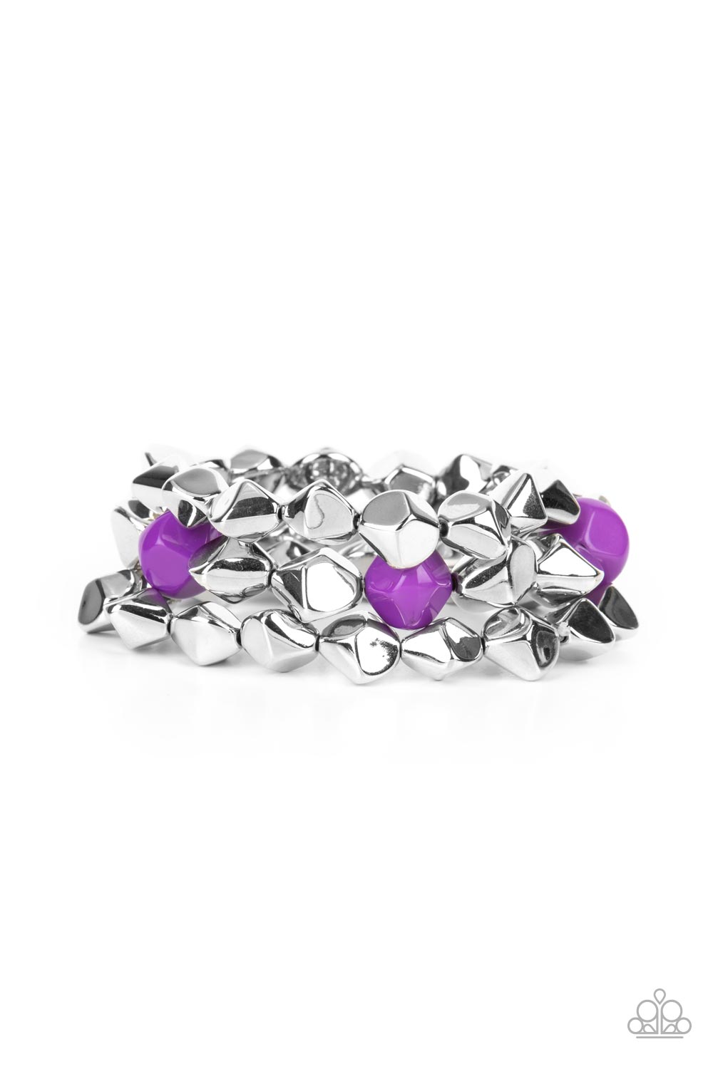 Infused with pops of purple accents, a faceted series of silver beads are threaded along stretchy bands around the wrist for a flashy fashion.