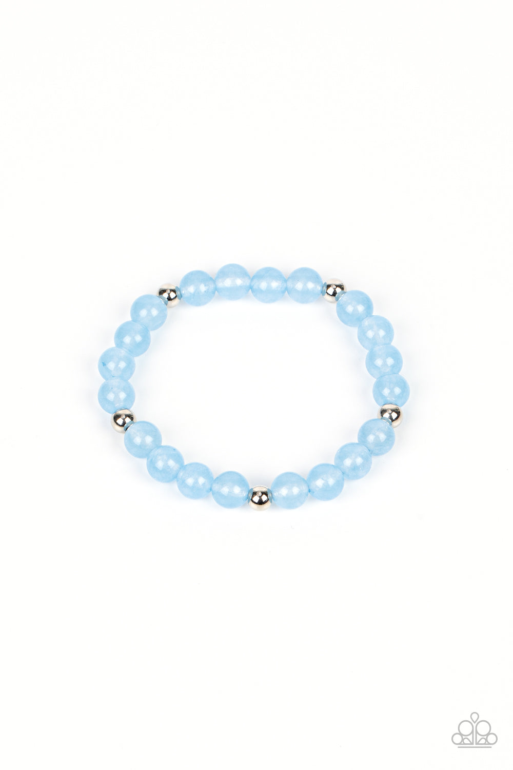 Infused with silver accents, a glassy collection of opaque blue beads are threaded along a stretchy band around the wrist for a dreamy glow.  Sold as one individual bracelet.