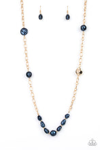 Load image into Gallery viewer, Infused with dainty gold beads, an elegant collection of imperfect blue pearls and gold beads asymmetrically adorn a substantial gold chain across the chest for an effortless elegance. Features an adjustable clasp closure. 
