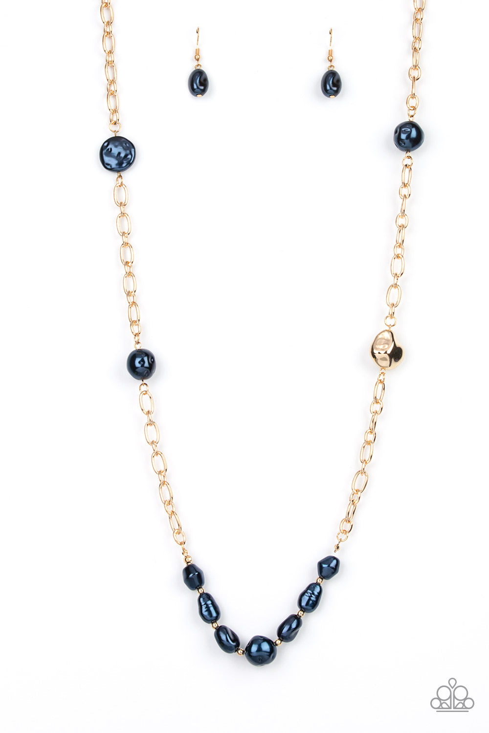 Infused with dainty gold beads, an elegant collection of imperfect blue pearls and gold beads asymmetrically adorn a substantial gold chain across the chest for an effortless elegance. Features an adjustable clasp closure. 