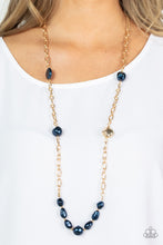 Load image into Gallery viewer, Infused with dainty gold beads, an elegant collection of imperfect blue pearls and gold beads asymmetrically adorn a substantial gold chain across the chest for an effortless elegance. Features an adjustable clasp closure. 
