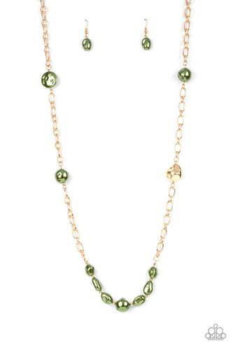 Infused with dainty gold beads, an elegant collection of imperfect green pearls and gold beads asymmetrically adorn a substantial gold chain across the chest for an effortless elegance. Features an adjustable clasp closure.
