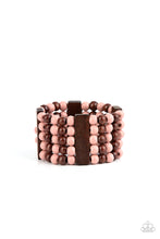 Load image into Gallery viewer, Colorful layers of brown and Pale Rosette wooden beads are threaded along stretchy bands between brown wooden bars creating stacks of subtle bliss around the wrist.
