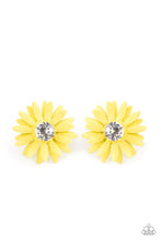 Load image into Gallery viewer, Layers of yellow petals fan out from an oversized white rhinestone fitting, blooming into a sparkly floral centerpiece. Earring attaches to a standard post fitting.
