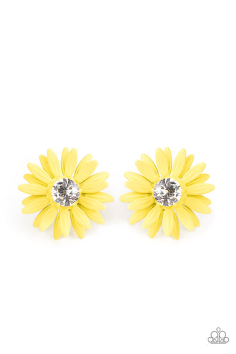 Layers of yellow petals fan out from an oversized white rhinestone fitting, blooming into a sparkly floral centerpiece. Earring attaches to a standard post fitting.