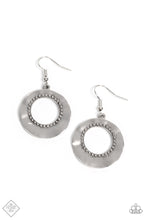 Load image into Gallery viewer, Featuring a high sheen finish, a warped silver disc ripples around a studded silver center for a rustic flair. Earring attaches to a standard fishhook fitting.  Sold as one pair of earrings.  New Kit Fashion Fix
