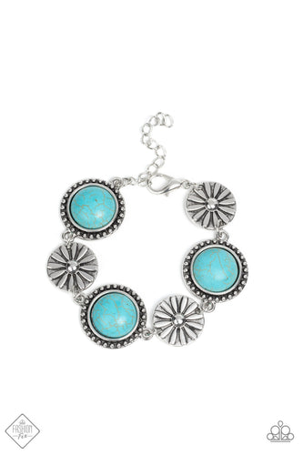 A rustic collection of floral embossed silver medallions and turquoise stones encased in antiqued studded texture delicately connect around the wrist, creating a simply seasonal look. Features an adjustable clasp closure.  Sold as one individual bracelet.  New Kit Fashion Fix