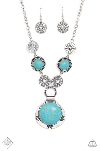 A rustic collection of floral embossed silver medallions and turquoise stones encased in antiqued studded texture delicately connects below the collar. Embossed in matching floral patterns, an oversized turquoise stone pendant swings from the bottom of the earthy compilation for a seasonal fashion. Features an adjustable clasp closure.  Sold as one individual necklace. Includes one pair of matching earrings.  New Kit Fashion Fix