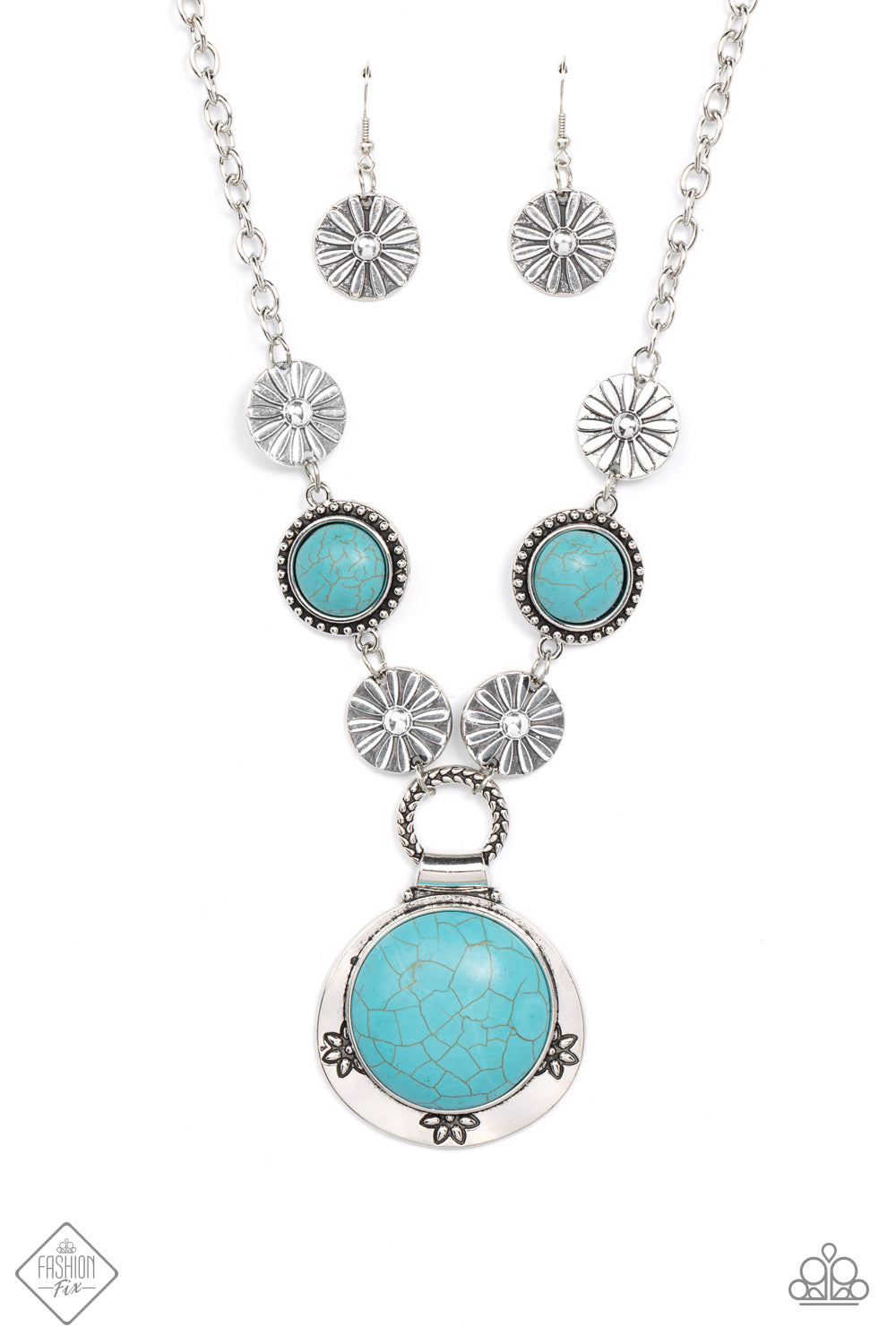 A rustic collection of floral embossed silver medallions and turquoise stones encased in antiqued studded texture delicately connects below the collar. Embossed in matching floral patterns, an oversized turquoise stone pendant swings from the bottom of the earthy compilation for a seasonal fashion. Features an adjustable clasp closure.  Sold as one individual necklace. Includes one pair of matching earrings.  New Kit Fashion Fix