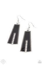 Load image into Gallery viewer, A flared frame painted in a high sheen black finish is bordered by subtle studded texture as it falls from the ear. A row of glittery rhinestones runs up the center of the frame, adding a dramatic touch of sparkle. Earring attaches to a standard fishhook fitting.  Sold as one pair of earrings.
