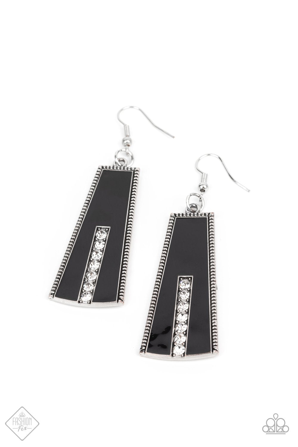 A flared frame painted in a high sheen black finish is bordered by subtle studded texture as it falls from the ear. A row of glittery rhinestones runs up the center of the frame, adding a dramatic touch of sparkle. Earring attaches to a standard fishhook fitting.  Sold as one pair of earrings.