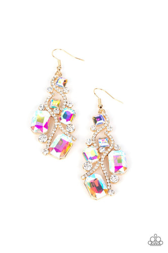 Golden ribbons of glassy white rhinestones whirl around a chandelier of classic round white rhinestones and emerald and square cut iridescent rhinestones, coalescing into an effervescent elegance. Earring attaches to a standard fishhook fitting.  Sold as one pair of earrings.