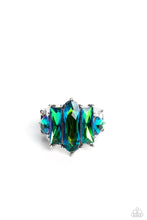 Load image into Gallery viewer, Featuring a stellar UV finish, an iridescent collection of triangular, emerald, and oval cut green rhinestones are encrusted across the center of a thick silver band for an out-of-this-world fashion. Features a stretchy band for a flexible fit.  Due to its prismatic palette, color may vary.
