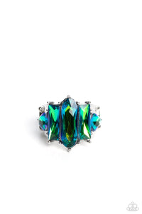 Featuring a stellar UV finish, an iridescent collection of triangular, emerald, and oval cut green rhinestones are encrusted across the center of a thick silver band for an out-of-this-world fashion. Features a stretchy band for a flexible fit.  Due to its prismatic palette, color may vary.