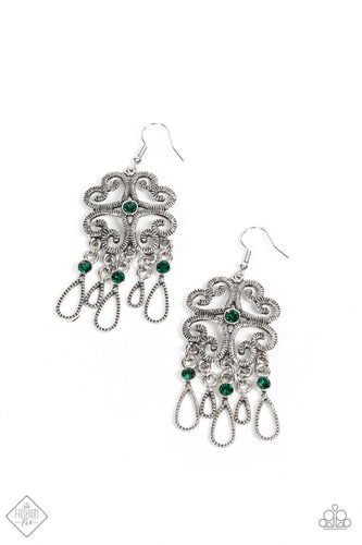 Royally Romantic - Green. Exquisite heart motifs dotted with dainty emerald rhinestones coalesce into airy medallions that link to a modest silver chain. The varying sizes and permeating patterns of the medallions create a romantically glamorous finish across the collar. Features an adjustable clasp closure. Sold as one individual necklace. Includes one pair of matching earrings.     Available for only $5   To order: Comment Sold  Style #P145
