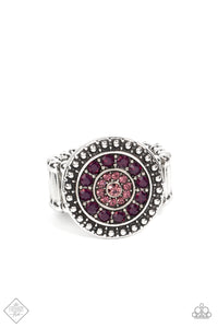 A dizzying display of light amethyst rhinestones and dainty faceted plum beads radiate inside a studded antiqued silver frame for a burst of dramatic glimmer atop the finger. Features a stretchy band for a flexible fit.  Sold as one individual ring.