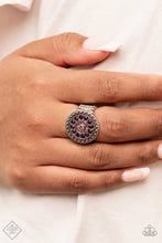 Load image into Gallery viewer, A dizzying display of light amethyst rhinestones and dainty faceted plum beads radiate inside a studded antiqued silver frame for a burst of dramatic glimmer atop the finger. Features a stretchy band for a flexible fit.  Sold as one individual ring.
