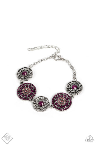 Bursts of faceted plum beads and sparkling light amethyst rhinestones radiate from the centers of antiqued silver frames, while smaller airy frames are dotted with plum centers. The whimsical designs delicately link around the wrist making a mesmerizing display. Features an adjustable clasp closure.  Sold as one individual bracelet.
