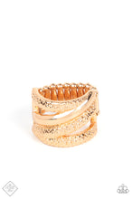 Load image into Gallery viewer, Shiny smooth and textured gold bands create the illusion of flowing movement as they converge crisscross style over the finger resulting in a glowing gritty vibe. Features a stretchy band for a flexible fit.  Sold as one individual ring.  Fashion Fix New Kit
