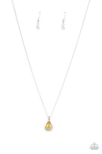 Dainty silver flowers adorn the bottom of a sparkly yellow teardrop gem at the bottom of a dainty silver chain, creating a prismatic pendant below the collar. Features an adjustable clasp closure.