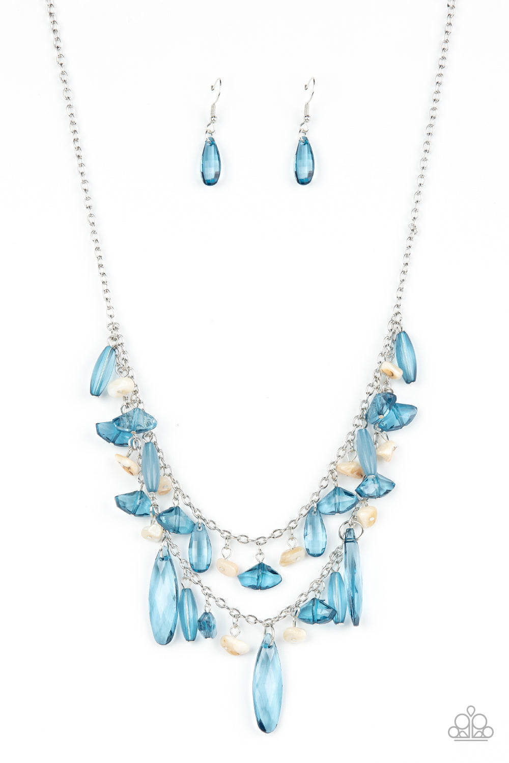 Pearly white pebbles and an assortment of blue crystal-like beads trickle from two silver chains, creating a prismatically layered look below the collar. Features an adjustable clasp closure