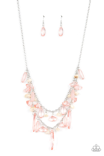 Pearly white pebbles and an assortment of Pale Rosette crystal-like beads trickle from two silver chains, creating a prismatically layered look below the collar. Features an adjustable clasp closure.
