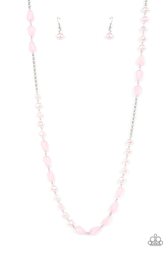 Enchanting sections of asymmetrical pink pearls and glassy Pale Rosette teardrop beads alternate along an elegantly extended silver chain, creating a refined pop of color across the chest. Features an adjustable clasp closure. 
