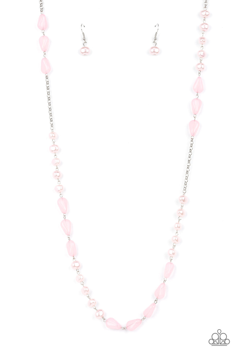 Enchanting sections of asymmetrical pink pearls and glassy Pale Rosette teardrop beads alternate along an elegantly extended silver chain, creating a refined pop of color across the chest. Features an adjustable clasp closure. 