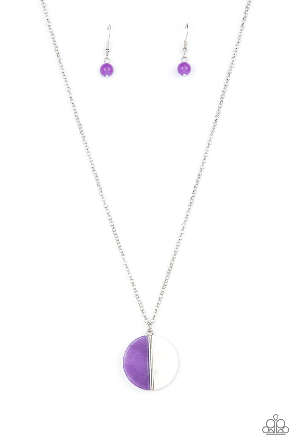 A pair of amethyst stone and white shell-like half moon frames adorn the front of a round silver fitting, creating a whimsical pendant below the collar. Features an adjustable clasp closure.