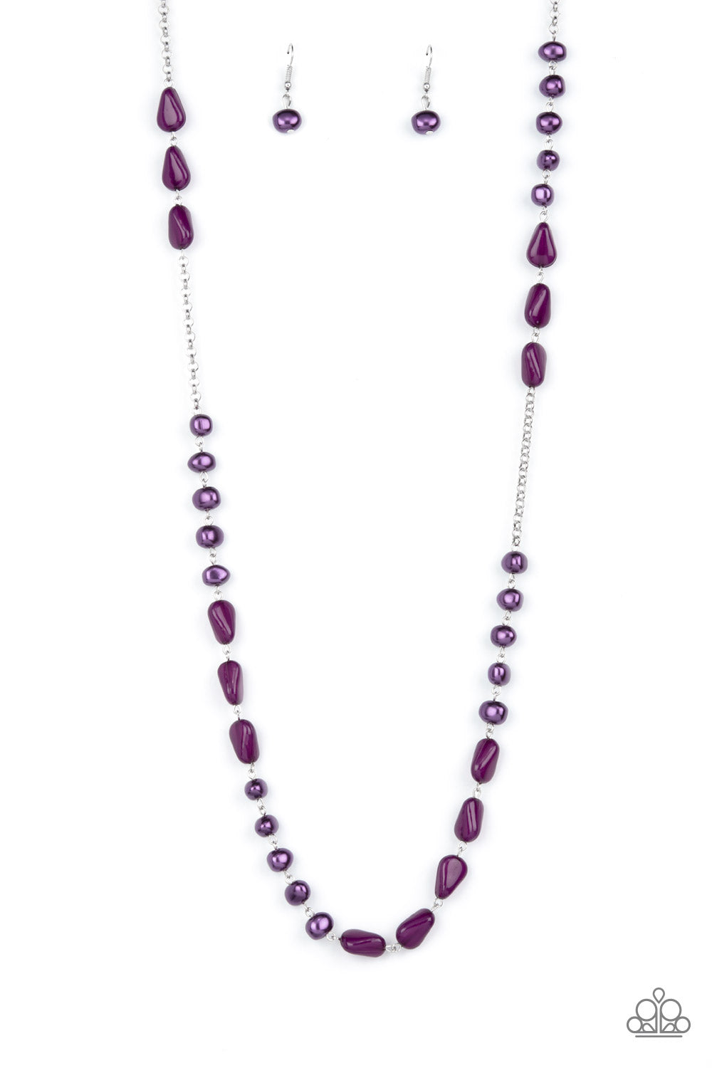 Enchanting sections of asymmetrical plum pearls and glassy plum teardrop beads alternate along an elegantly extended silver chain, creating a refined pop of color across the chest. Features an adjustable clasp closure. 