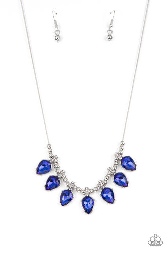 Featuring glittery white rhinestone fittings, an oversized collection of glittery blue teardrop gems are separated by trios of shiny silver beads along a round silver snake chain below the collar for a glamorous fringe. Features an adjustable clasp closure. 
