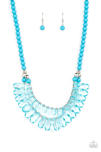 Varying in size, a glassy collection of blue teardrops alternate with dainty silver beads in two rows below the collar for a glamorous pop of color. Features an adjustable clasp closure. 