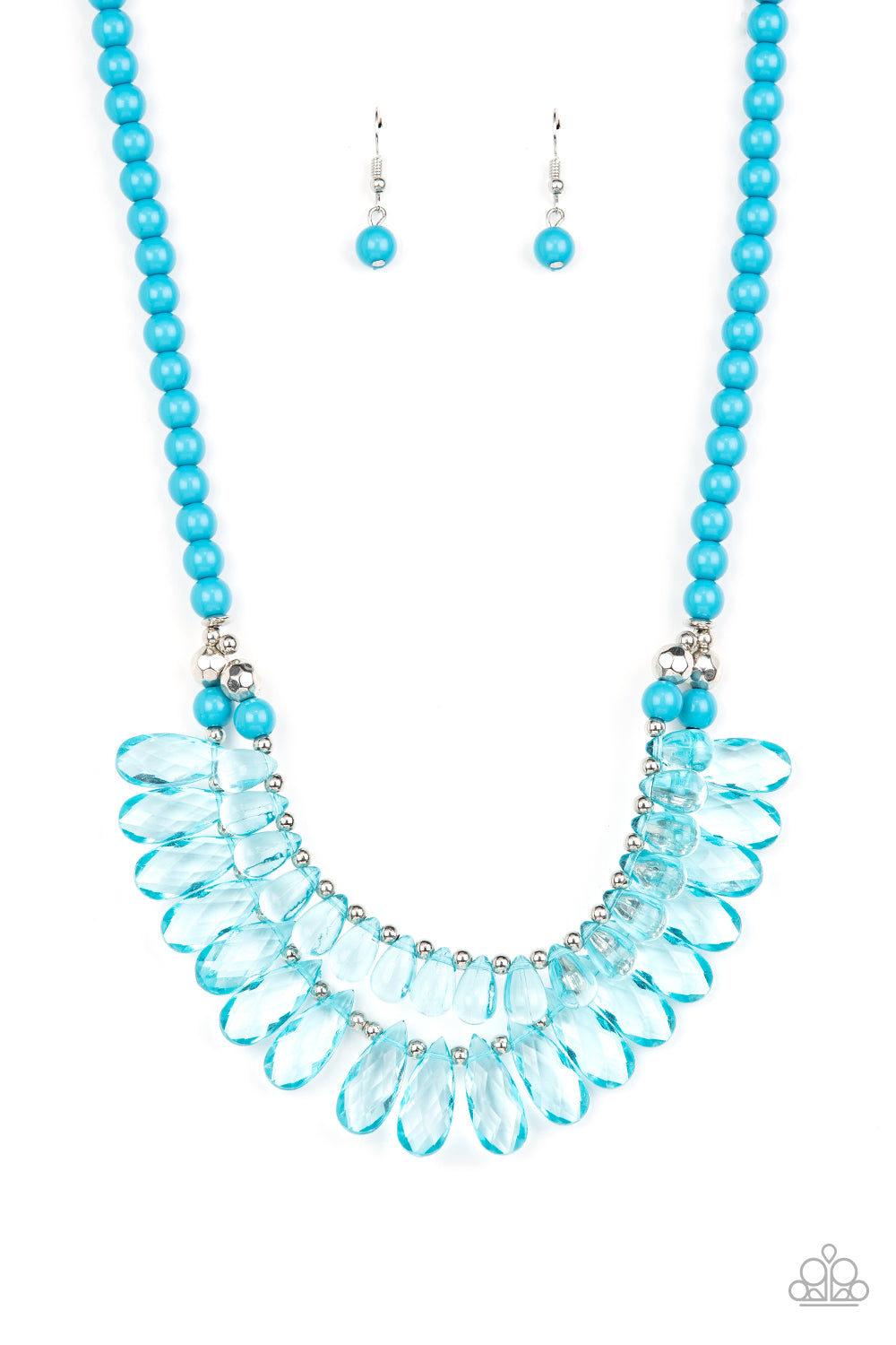 Varying in size, a glassy collection of blue teardrops alternate with dainty silver beads in two rows below the collar for a glamorous pop of color. Features an adjustable clasp closure. 