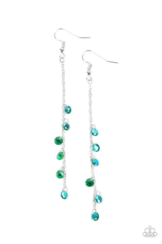 Featuring stellar iridescence, a dainty collection of glassy green rhinestones tumble down a lengthened silver chain for a twinkly tasseled look. Earring attaches to a standard fishhook fitting.