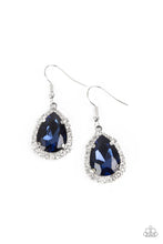 Load image into Gallery viewer, A border of glassy white rhinestones creates a glittery trim around an oversized blue teardrop gem, resulting in a stunning centerpiece. Earring attaches to a standard fishhook fitting.  Sold as one pair of earrings.
