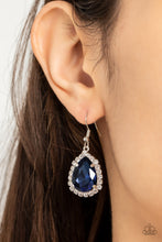 Load image into Gallery viewer, A border of glassy white rhinestones creates a glittery trim around an oversized blue teardrop gem, resulting in a stunning centerpiece. Earring attaches to a standard fishhook fitting.  Sold as one pair of earrings.
