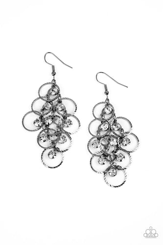 Shimmering rows of glassy white rhinestones and textured gunmetal hoops cascade from a netted metallic backdrop, interlocking into a dizzyingly dazzling lure. Earring attaches to a standard fishhook fitting.