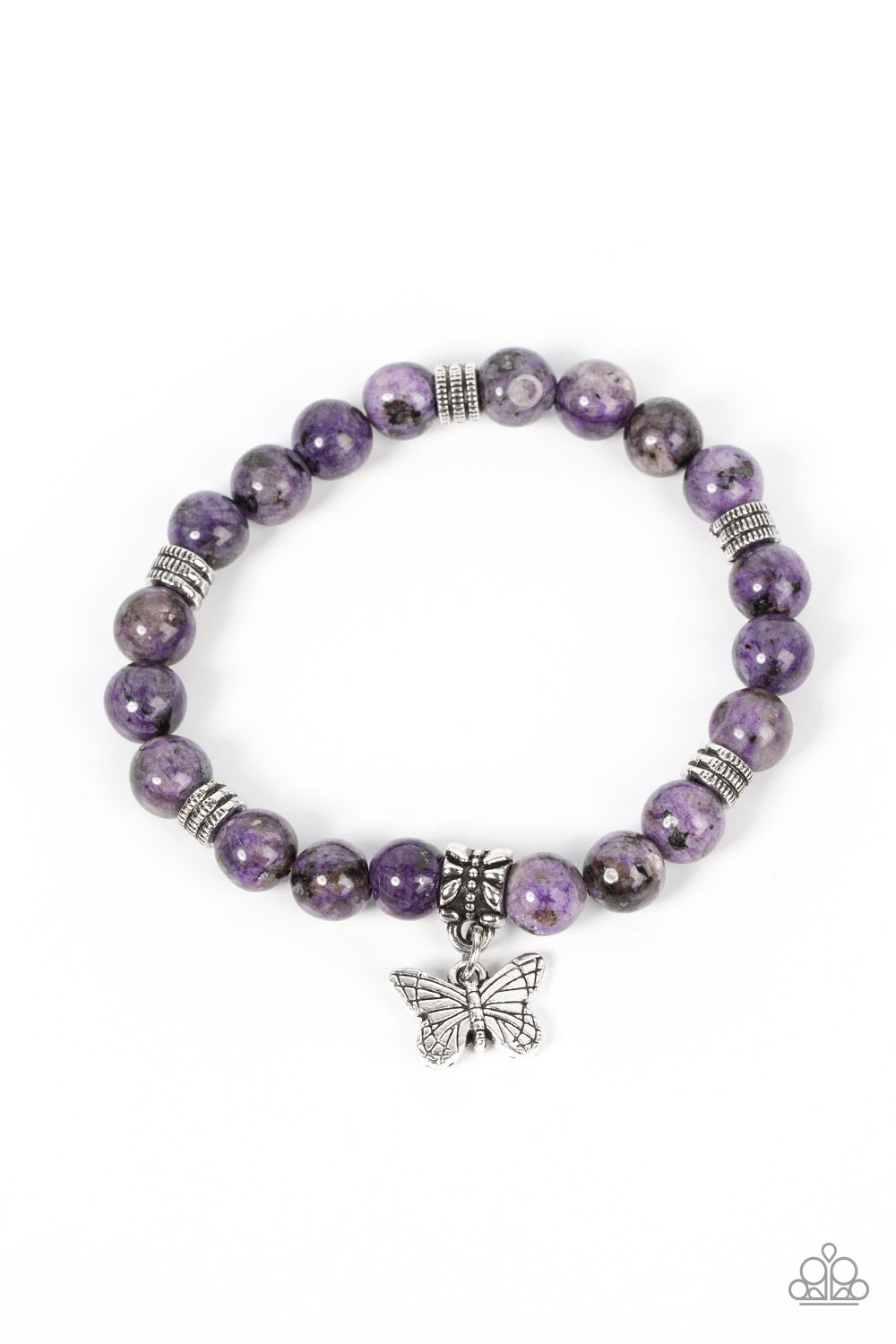 Infused with a silver butterfly charm, textured silver accents and amethyst stone beads are threaded along stretchy bands around the wrist for a whimsical look.