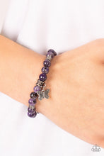 Load image into Gallery viewer, Infused with a silver butterfly charm, textured silver accents and amethyst stone beads are threaded along stretchy bands around the wrist for a whimsical look.
