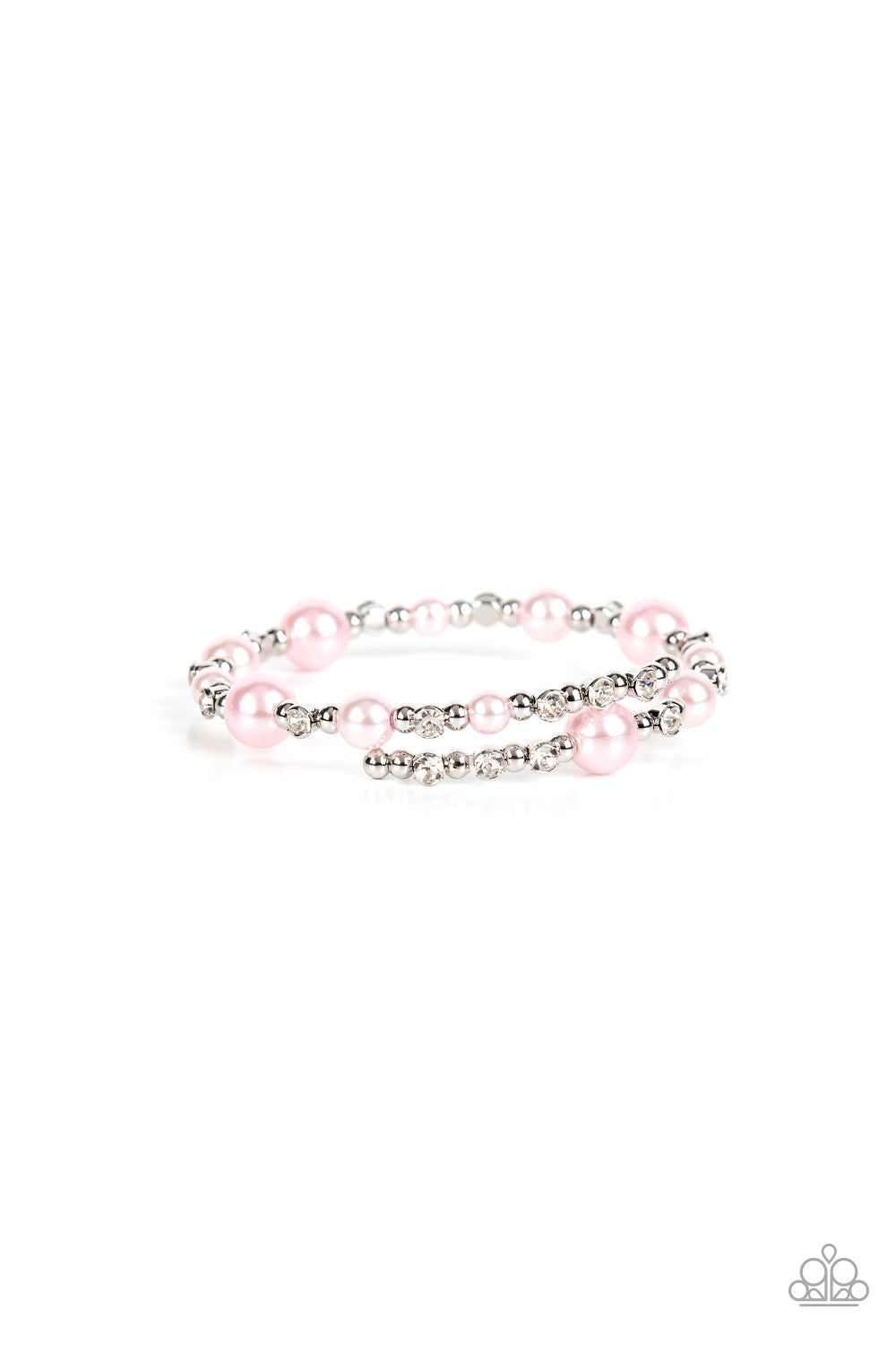 Luscious bubbly pink pearls and brilliant white rhinestones are accented with shiny silver beads threaded along a single wire to create a chicly glamorous infinity wrap bracelet. 