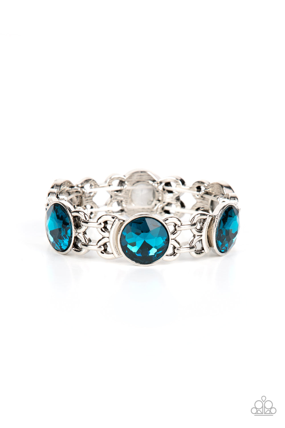 Featuring edgy chain-like fittings, a sparkly series of oversized blue rhinestones are threaded along stretchy bands around the wrist for a dramatic pop of glitz. 