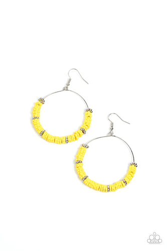 Infused with studded silver floral-shaped rings, a sunny collection of rubbery Illuminating flowers are threaded along a dainty wire hoop for a whimsical pop of color. Earring attaches to a standard fishhook fitting.