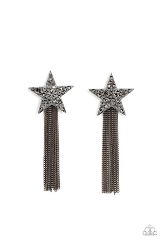 A curtain of gunmetal chains streams out from the bottom of an oversized gunmetal star encrusted in smoky hematite rhinestones, resulting in a stellar tassel. Earring attaches to a standard post fitting.