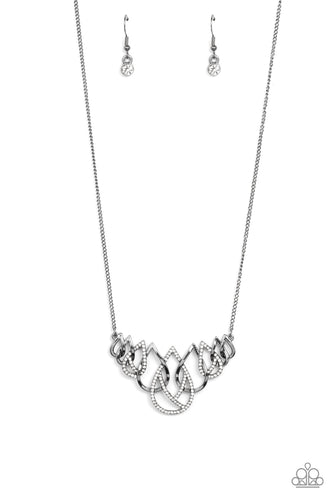 Gradually increasing in size, glistening gunmetal and white rhinestone encrusted gunmetal teardrops ornately interlock below the collar for a glamorous fashion. Features an adjustable clasp closure.