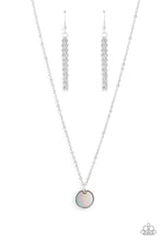 Load image into Gallery viewer, Encased in a sleek silver frame, a smoky silver shell-like disc swings from the bottom of a dainty silver chain below the collar for a minimalist inspired fashion. Features an adjustable clasp closure. As the stone elements in this piece are natural, some color variation is normal.
