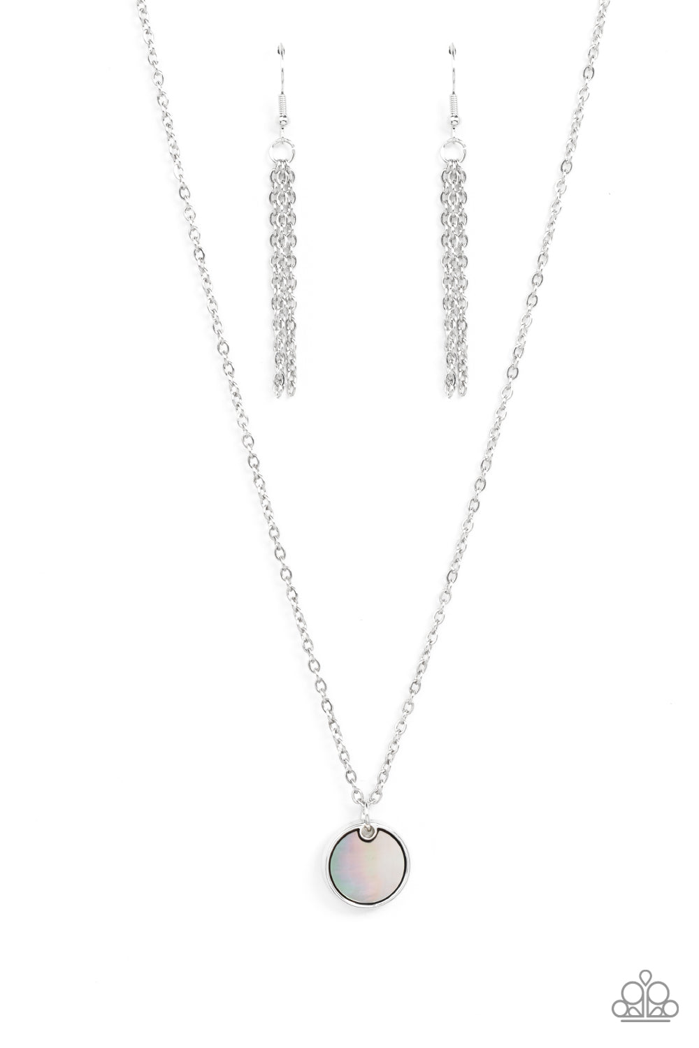 Encased in a sleek silver frame, a smoky silver shell-like disc swings from the bottom of a dainty silver chain below the collar for a minimalist inspired fashion. Features an adjustable clasp closure. As the stone elements in this piece are natural, some color variation is normal.