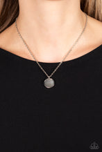 Load image into Gallery viewer, Encased in a sleek silver frame, a smoky silver shell-like disc swings from the bottom of a dainty silver chain below the collar for a minimalist inspired fashion. Features an adjustable clasp closure. As the stone elements in this piece are natural, some color variation is normal.
